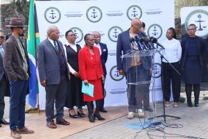 The Chairperson of the TRC Cases Inquiry Justice Sisi Khampepe, Commissioners Andrea Gabriel SC, retired Judge President Frans Kgomo, Secretary Adv Mamokete Thokoa and members of the Legal team at the Hector Petersen Memorial in Soweto for the first media briefing of the Inquiry, 19 August 2025.